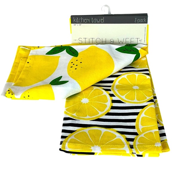 Stitch & Weft Kitchen Towel Set Lemon Print 100% Natural Cotton Yellow Black - Picture 9 of 16
